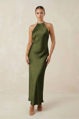 Halter Satin Sheath Midi Bridesmaid Dress in Olive - KISS BRIDAL Bridesmaid Dresses