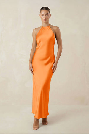 Halter Satin Sheath Midi Bridesmaid Dress in Orange - KISS BRIDAL Bridesmaid Dresses