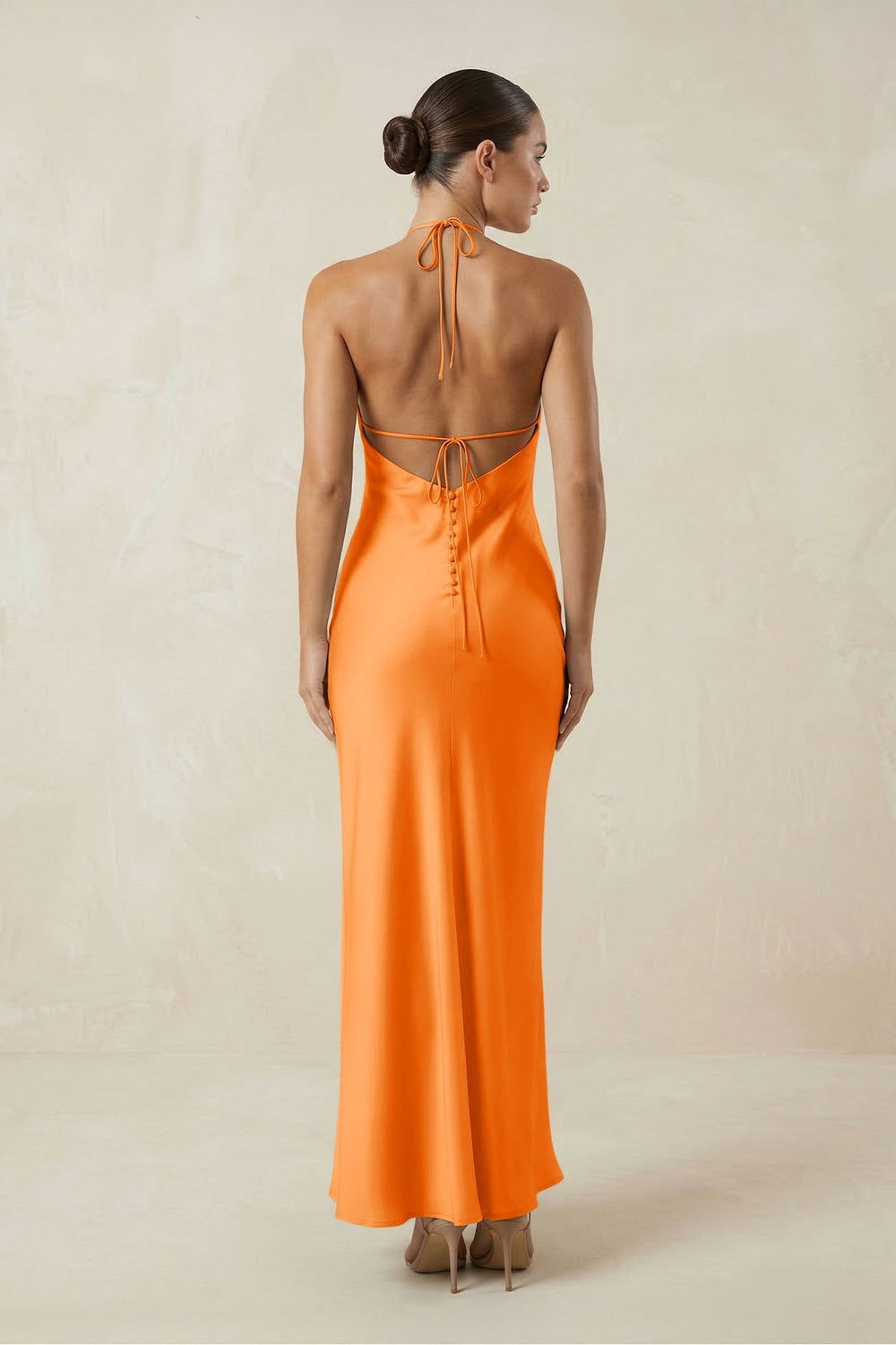 Halter Satin Sheath Midi Bridesmaid Dress in Orange - KISS BRIDAL Bridesmaid Dresses