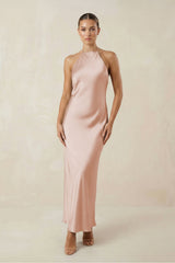 Halter Satin Sheath Midi Bridesmaid Dress in Pale Blush - KISS BRIDAL Bridesmaid Dresses