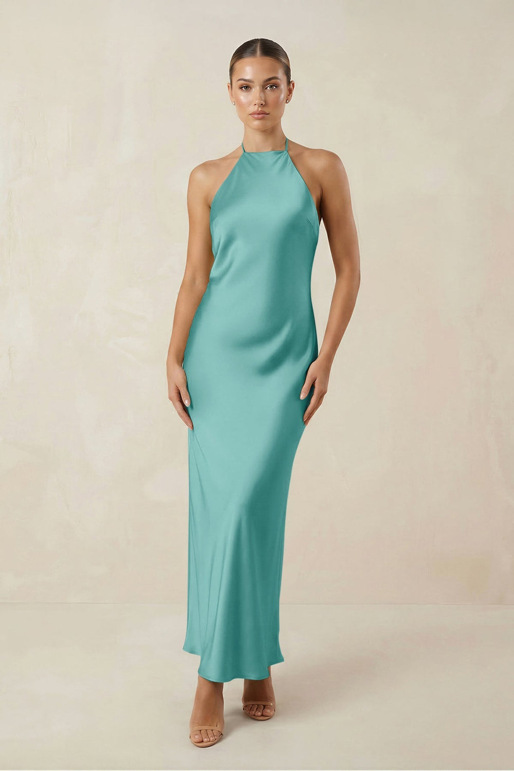 Halter Satin Sheath Midi Bridesmaid Dress in Pale Pistachio - KISS BRIDAL Bridesmaid Dresses
