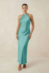 Halter Satin Sheath Midi Bridesmaid Dress in Pale Pistachio - KISS BRIDAL Bridesmaid Dresses