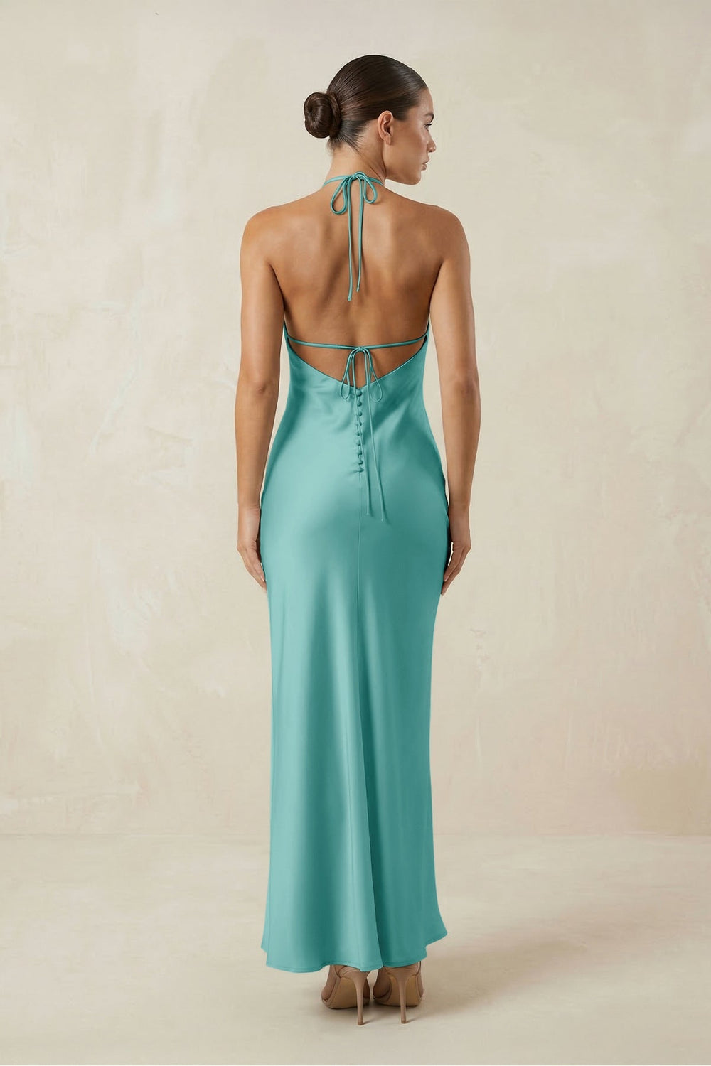 Halter Satin Sheath Midi Bridesmaid Dress in Pale Pistachio - KISS BRIDAL Bridesmaid Dresses