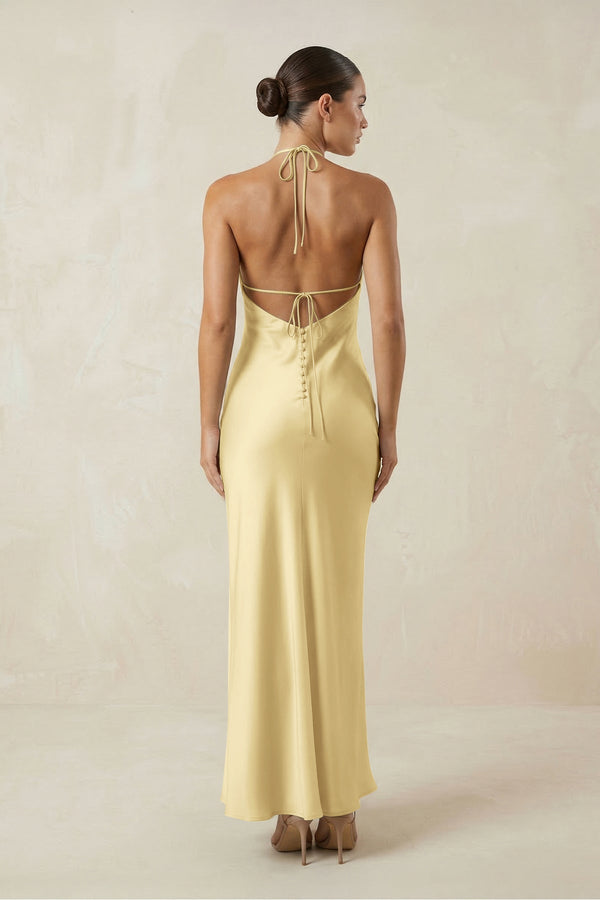 Halter Satin Sheath Midi Bridesmaid Dress in Pastel Yellow - KISS BRIDAL Bridesmaid Dresses