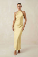 Halter Satin Sheath Midi Bridesmaid Dress in Pastel Yellow - KISS BRIDAL Bridesmaid Dresses