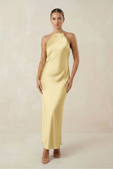 Halter Satin Sheath Midi Bridesmaid Dress in Pastel Yellow - KISS BRIDAL Bridesmaid Dresses