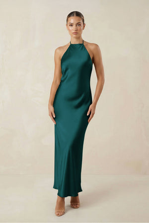 Halter Satin Sheath Midi Bridesmaid Dress in Pine - KISS BRIDAL Bridesmaid Dresses