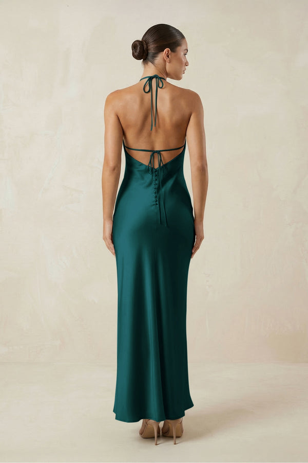 Halter Satin Sheath Midi Bridesmaid Dress in Pine - KISS BRIDAL Bridesmaid Dresses