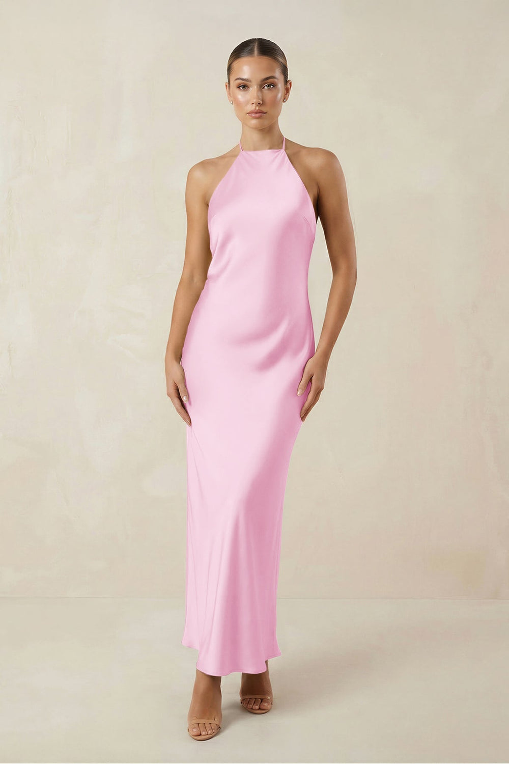 Halter Satin Sheath Midi Bridesmaid Dress in Pink - KISS BRIDAL Bridesmaid Dresses