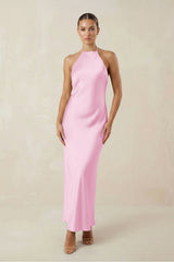 Halter Satin Sheath Midi Bridesmaid Dress in Pink - KISS BRIDAL Bridesmaid Dresses