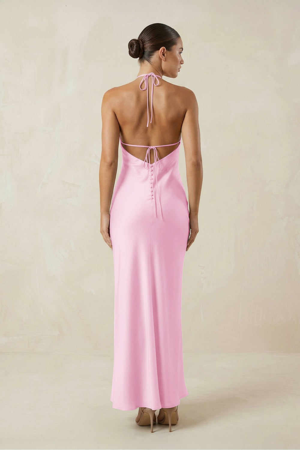 Halter Satin Sheath Midi Bridesmaid Dress in Pink - KISS BRIDAL Bridesmaid Dresses
