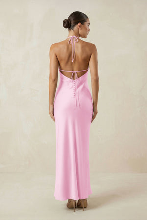 Halter Satin Sheath Midi Bridesmaid Dress in Pink - KISS BRIDAL Bridesmaid Dresses