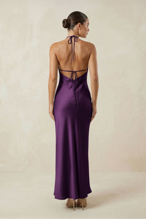 Halter Satin Sheath Midi Bridesmaid Dress in Plum - KISS BRIDAL Bridesmaid Dresses