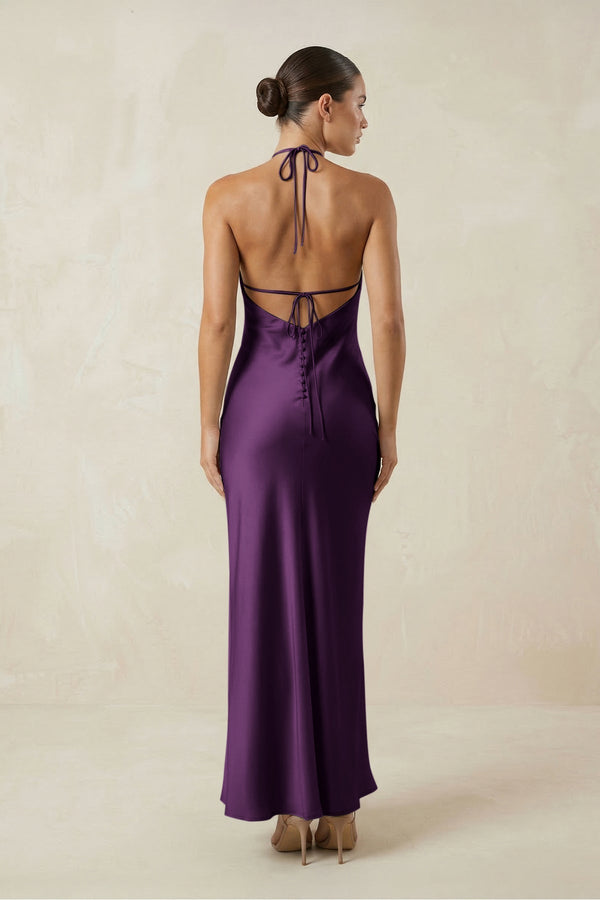 Halter Satin Sheath Midi Bridesmaid Dress in Plum - KISS BRIDAL Bridesmaid Dresses