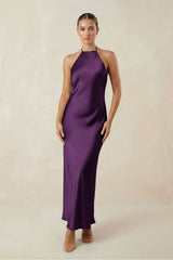 Halter Satin Sheath Midi Bridesmaid Dress in Plum - KISS BRIDAL Bridesmaid Dresses
