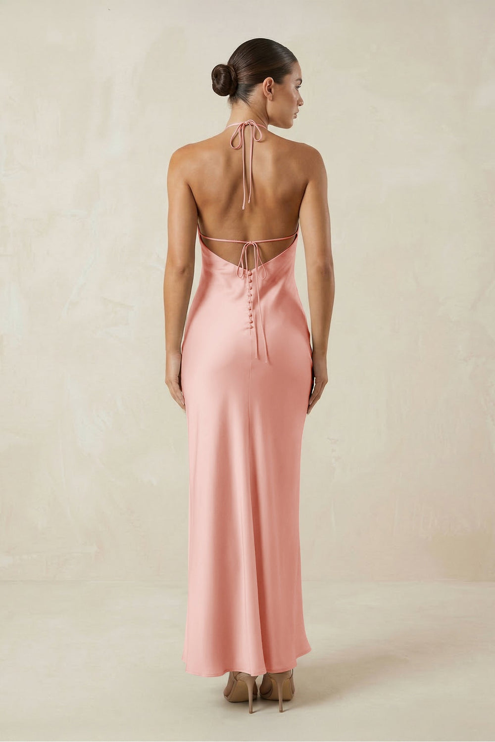Halter Satin Sheath Midi Bridesmaid Dress in Rose Petal - KISS BRIDAL Bridesmaid Dresses
