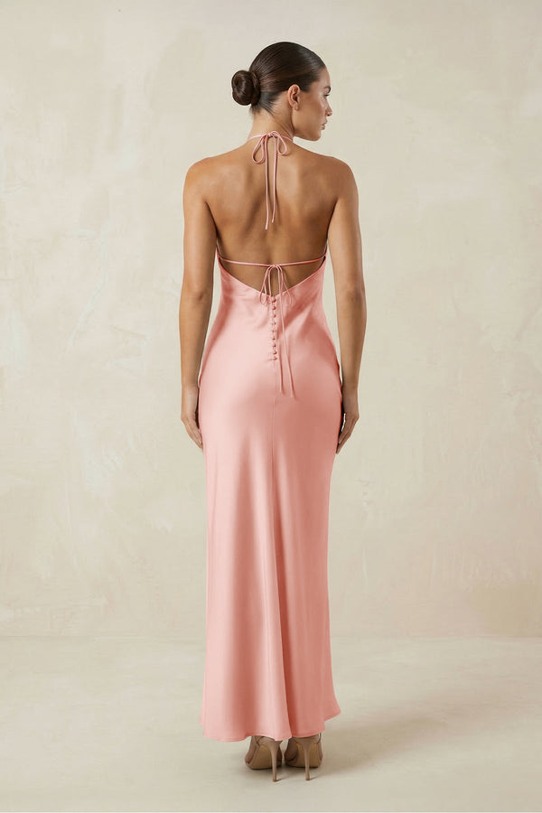 Halter Satin Sheath Midi Bridesmaid Dress in Rose Petal - KISS BRIDAL Bridesmaid Dresses