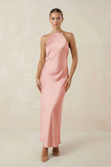 Halter Satin Sheath Midi Bridesmaid Dress in Rose Petal - KISS BRIDAL Bridesmaid Dresses