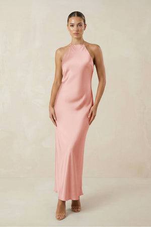 Halter Satin Sheath Midi Bridesmaid Dress in Rose Petal - KISS BRIDAL Bridesmaid Dresses