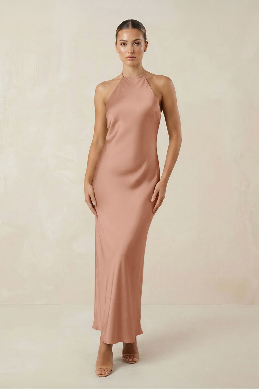 Halter Satin Sheath Midi Bridesmaid Dress in Rosette - KISS BRIDAL Bridesmaid Dresses