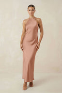 Halter Satin Sheath Midi Bridesmaid Dress in Rosette - KISS BRIDAL Bridesmaid Dresses