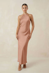Halter Satin Sheath Midi Bridesmaid Dress in Rosette - KISS BRIDAL Bridesmaid Dresses