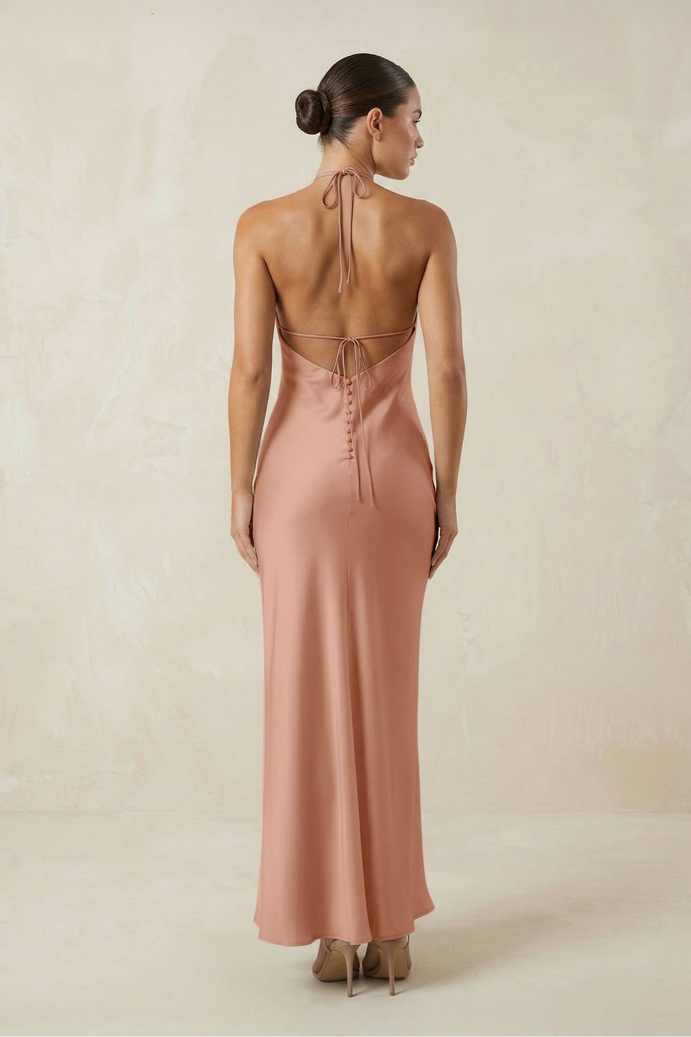 Halter Satin Sheath Midi Bridesmaid Dress in Rosette - KISS BRIDAL Bridesmaid Dresses