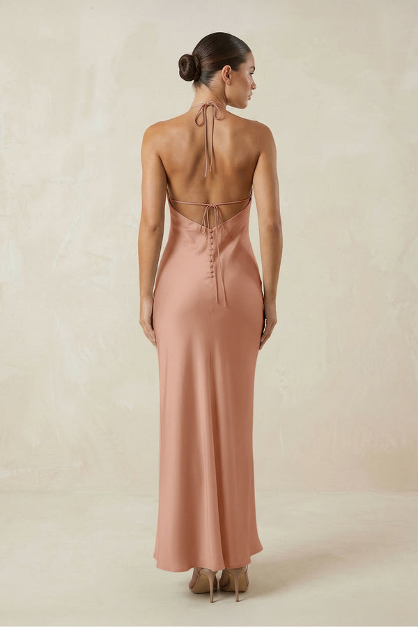 Halter Satin Sheath Midi Bridesmaid Dress in Rosette - KISS BRIDAL Bridesmaid Dresses