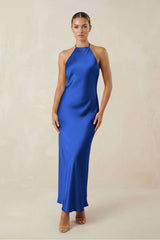 Halter Satin Sheath Midi Bridesmaid Dress in Royal Blue - KISS BRIDAL Bridesmaid Dresses