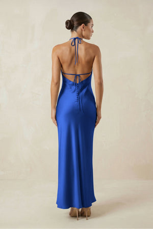 Halter Satin Sheath Midi Bridesmaid Dress in Royal Blue - KISS BRIDAL Bridesmaid Dresses