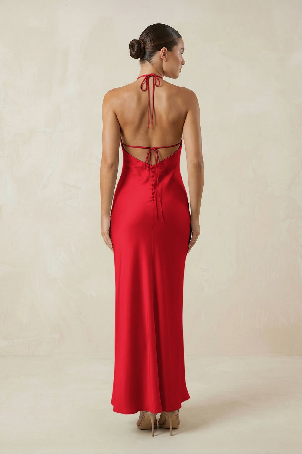 Halter Satin Sheath Midi Bridesmaid Dress in Ruby Red - KISS BRIDAL Bridesmaid Dresses