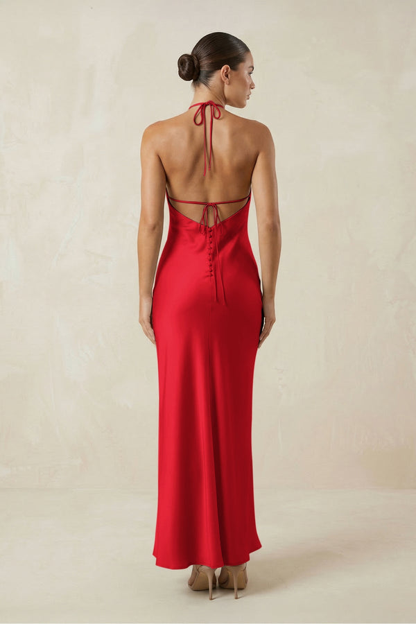 Halter Satin Sheath Midi Bridesmaid Dress in Ruby Red - KISS BRIDAL Bridesmaid Dresses