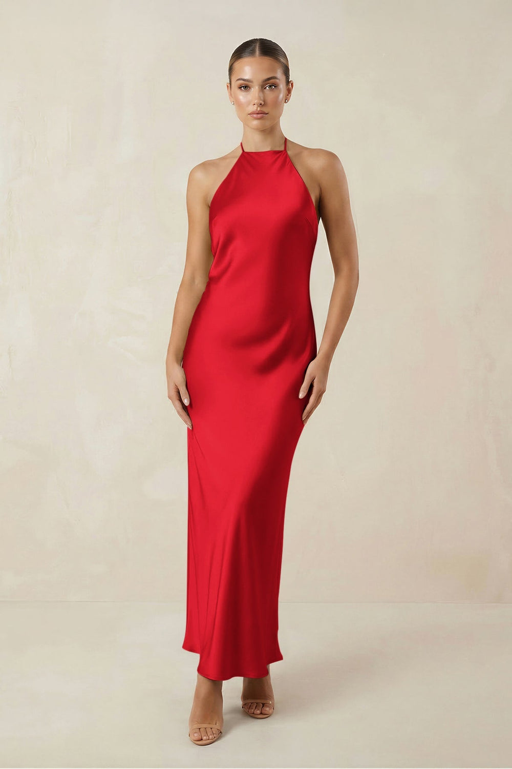 Halter Satin Sheath Midi Bridesmaid Dress in Ruby Red - KISS BRIDAL Bridesmaid Dresses