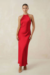 Halter Satin Sheath Midi Bridesmaid Dress in Ruby Red - KISS BRIDAL Bridesmaid Dresses