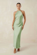 Halter Satin Sheath Midi Bridesmaid Dress in Sage - KISS BRIDAL Bridesmaid Dresses