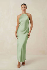 Halter Satin Sheath Midi Bridesmaid Dress in Sage - KISS BRIDAL Bridesmaid Dresses