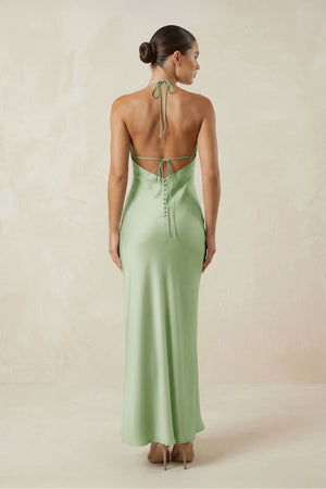 Halter Satin Sheath Midi Bridesmaid Dress in Sage - KISS BRIDAL Bridesmaid Dresses