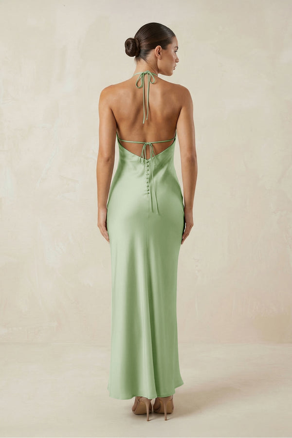 Halter Satin Sheath Midi Bridesmaid Dress in Sage - KISS BRIDAL Bridesmaid Dresses