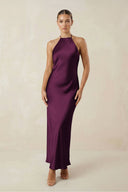 Halter Satin Sheath Midi Bridesmaid Dress in Sangria - KISS BRIDAL Bridesmaid Dresses