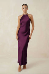 Halter Satin Sheath Midi Bridesmaid Dress in Sangria - KISS BRIDAL Bridesmaid Dresses