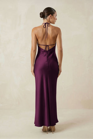 Halter Satin Sheath Midi Bridesmaid Dress in Sangria - KISS BRIDAL Bridesmaid Dresses