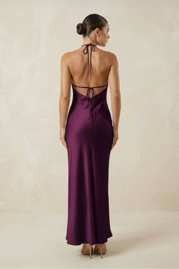 Halter Satin Sheath Midi Bridesmaid Dress in Sangria - KISS BRIDAL Bridesmaid Dresses