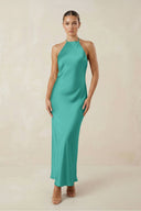 Halter Satin Sheath Midi Bridesmaid Dress in Sea Glass - KISS BRIDAL Bridesmaid Dresses