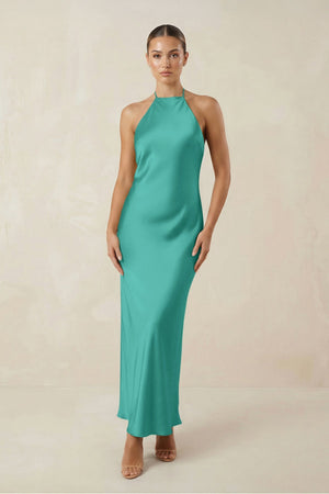 Halter Satin Sheath Midi Bridesmaid Dress in Sea Glass - KISS BRIDAL Bridesmaid Dresses