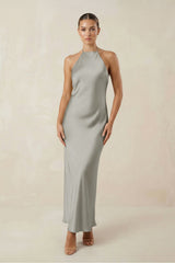 Halter Satin Sheath Midi Bridesmaid Dress in Silver - KISS BRIDAL Bridesmaid Dresses