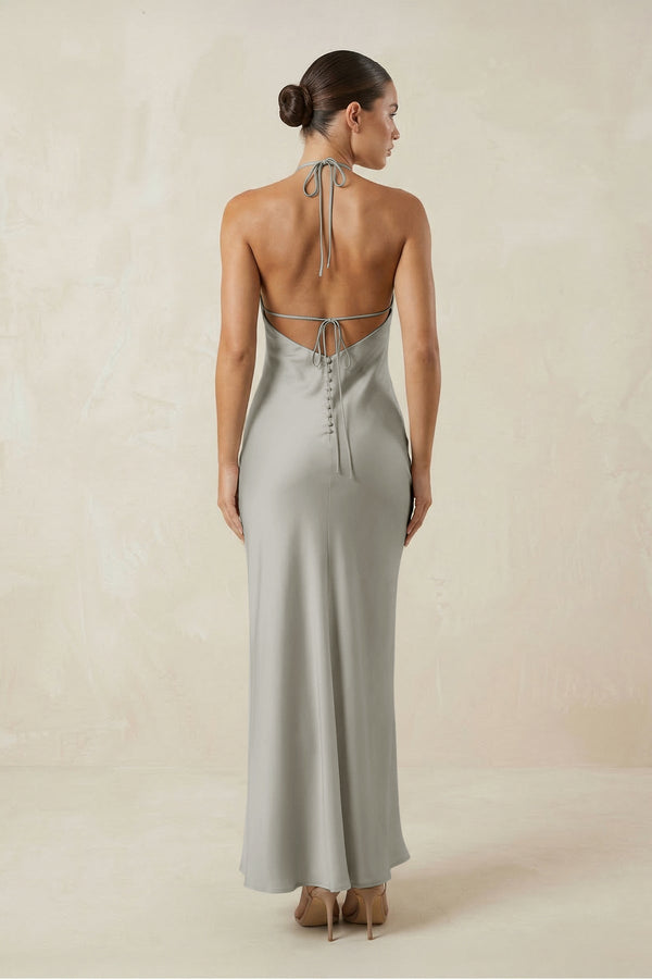 Halter Satin Sheath Midi Bridesmaid Dress in Silver - KISS BRIDAL Bridesmaid Dresses