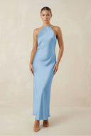 Halter Satin Sheath Midi Bridesmaid Dress in Sky Blue - KISS BRIDAL Bridesmaid Dresses