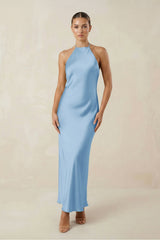 Halter Satin Sheath Midi Bridesmaid Dress in Sky Blue - KISS BRIDAL Bridesmaid Dresses