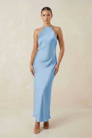 Halter Satin Sheath Midi Bridesmaid Dress in Sky Blue - KISS BRIDAL Bridesmaid Dresses