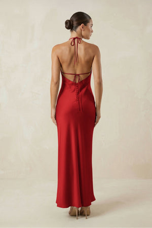 Halter Satin Sheath Midi Bridesmaid Dress in Spice - KISS BRIDAL Bridesmaid Dresses